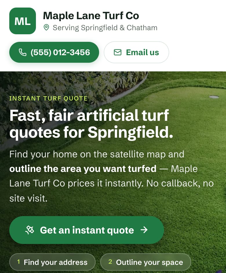A sample installer’s hosted MeasureTurf page with its instant-quote button