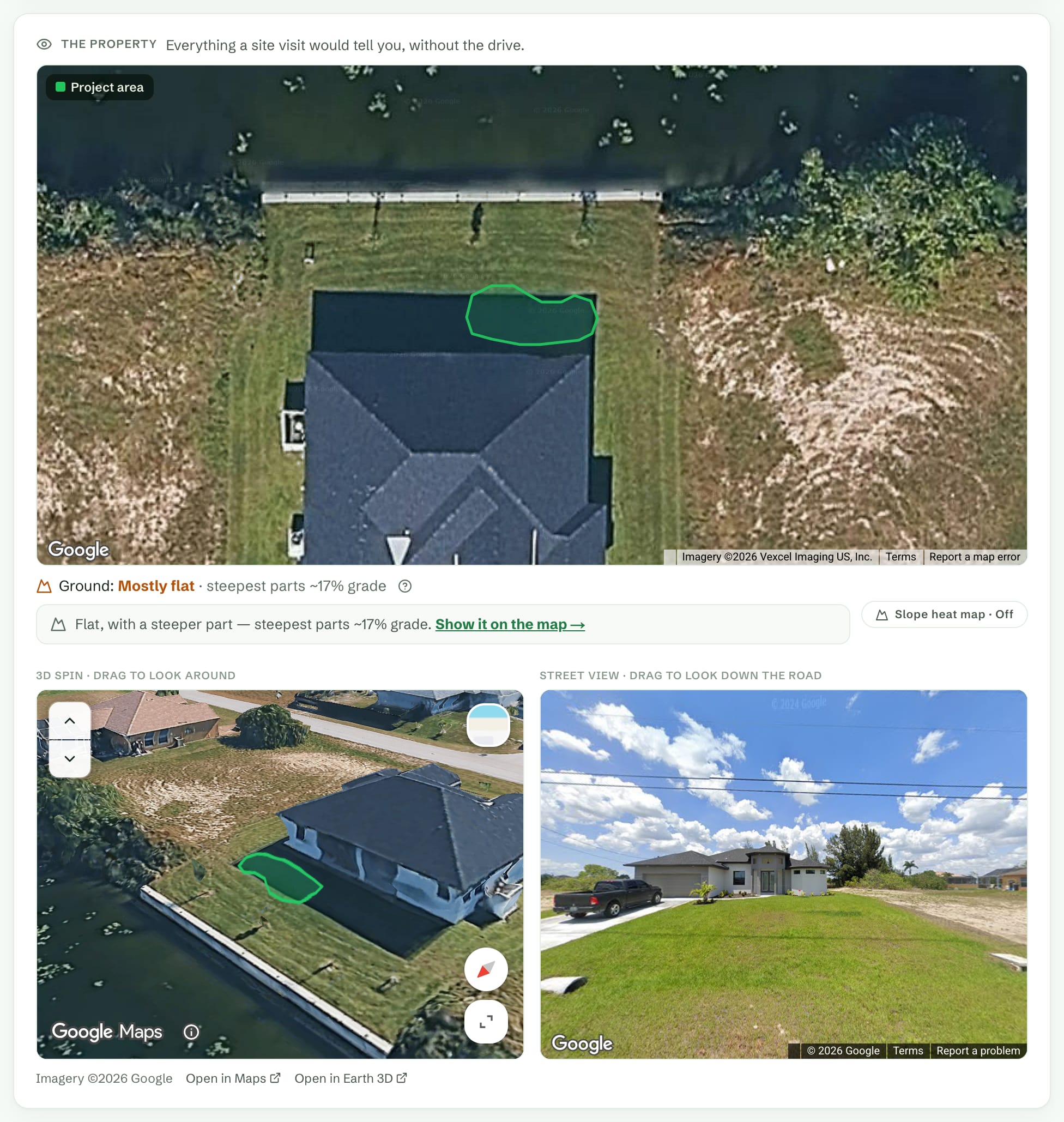 The actual Turf demo property panel with a project outline, terrain, 3D view and Street View with map attribution