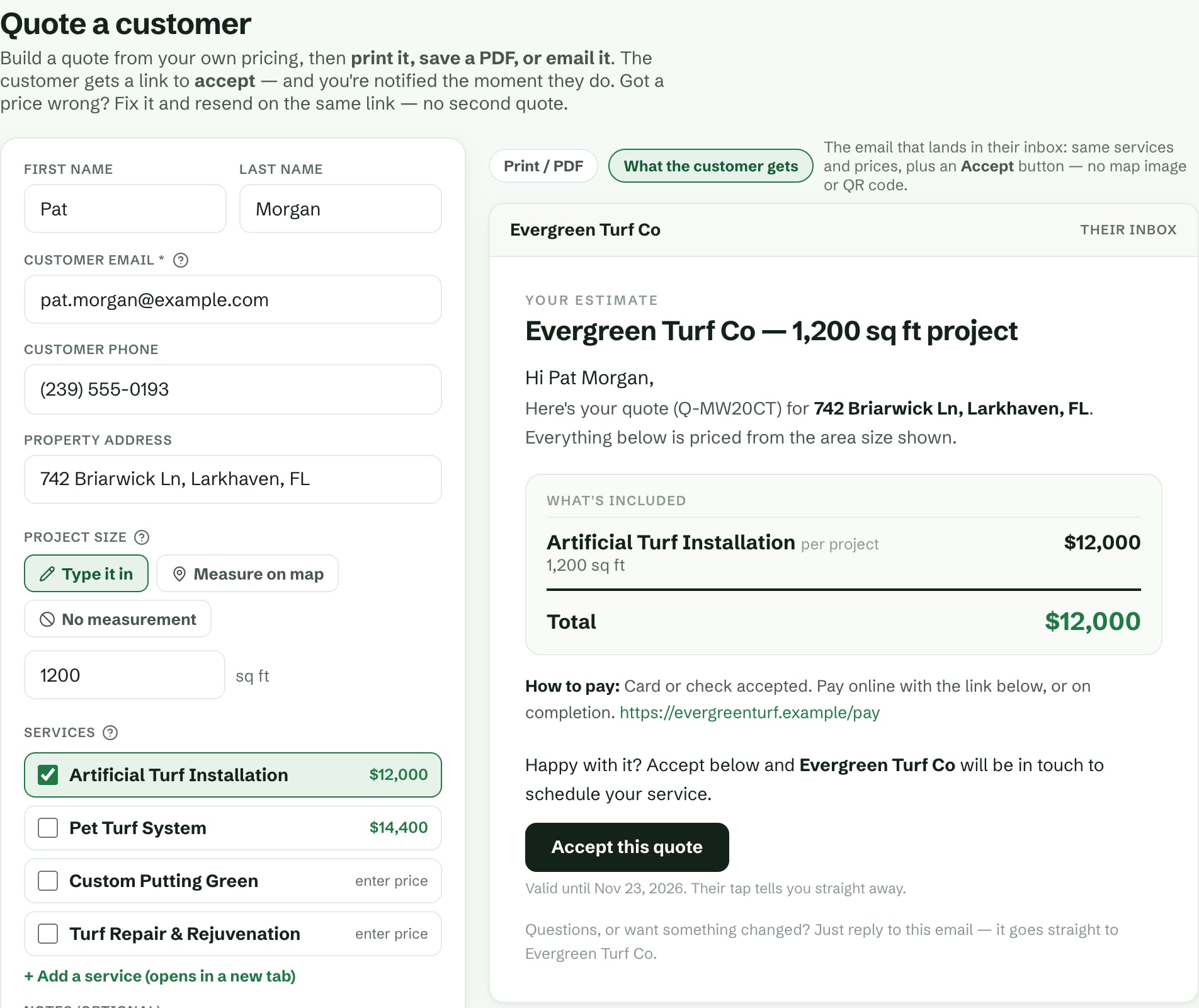 The actual Turf quote builder with project size, service prices and a customer preview with an accept button
